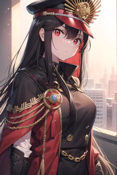 odanobunaga, <lyco:odanobunaga-lyco-nochekaiser:1>,
oda nobunaga, black hair, long hair, (red eyes:1.5),
BREAK chain, cloak, family crest, gloves, grey gloves, hat, military, military hat, military uniform, peaked cap, uniform, red cloak,
BREAK looking at viewer,
BREAK outdoors,
BREAK <lyco:GoodHands-beta2:1>, (masterpiece:1.2), best quality, high resolution, unity 8k wallpaper, (illustration:0.8), (beautiful detailed eyes:1.6), extremely detailed face, perfect lighting, extremely detailed CG, (perfect hands, perfect anatomy),