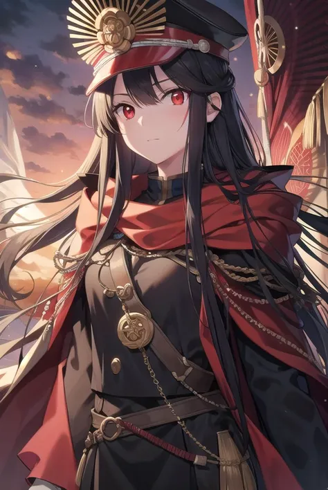 odanobunaga, <lyco:odanobunaga-lyco-nochekaiser:1>,
oda nobunaga, black hair, long hair, (red eyes:1.5),
BREAK chain, cloak, family crest, gloves, grey gloves, hat, military, military hat, military uniform, peaked cap, uniform, red cloak,
BREAK looking at viewer,
BREAK outdoors,
BREAK <lyco:GoodHands-beta2:1>, (masterpiece:1.2), best quality, high resolution, unity 8k wallpaper, (illustration:0.8), (beautiful detailed eyes:1.6), extremely detailed face, perfect lighting, extremely detailed CG, (perfect hands, perfect anatomy),