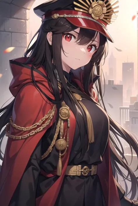 odanobunaga, <lyco:odanobunaga-lyco-nochekaiser:1>, 
oda nobunaga, black hair, long hair, (red eyes:1.5),
BREAK chain, cloak, family crest, gloves, grey gloves, hat, military, military hat, military uniform, peaked cap, uniform, red cloak,
BREAK looking at viewer,
BREAK outdoors,
BREAK <lyco:GoodHands-beta2:1>, (masterpiece:1.2), best quality, high resolution, unity 8k wallpaper, (illustration:0.8), (beautiful detailed eyes:1.6), extremely detailed face, perfect lighting, extremely detailed CG, (perfect hands, perfect anatomy),