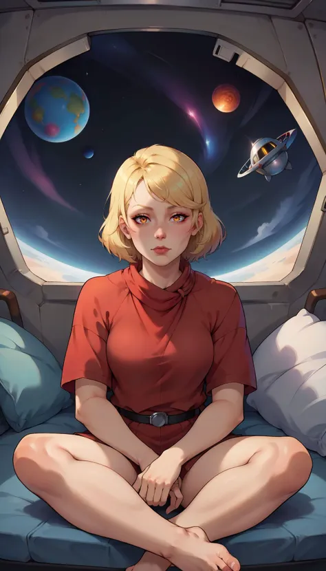 score_9, score_8_up, score_7_up, score_6_up, 2d, BREAK, 1girl, BREAK, LanaBeniko, yellow eyes, medium hair, blonde hair, swept bangs, sitting, resting, space station, space, bunk, BREAK, <lora:LanaBenikoPDXL_V1-Manityro-CAME:0.8>, <lora:incase_v14:0.3>, <lora:merunyaa_style_ponyxl_v1_unet:0.3>