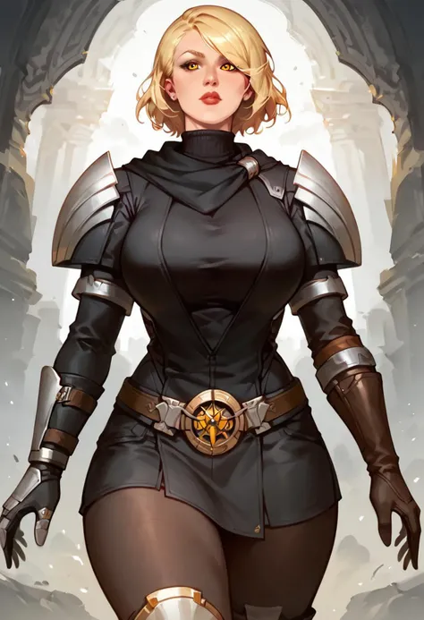 score_9, score_8_up, score_7_up, score_6_up, score_5_up, score_4_up, 1girl, extreme detail, Masterpiece, Best Quality, beautiful, high res image,
LanaBeniko, yellow eyes, medium hair, blonde hair,
large breasts, wide hips, big ass, lips,
KotfeOutfit, turtleneck, scarf, shoulder armor, black sweater, long sleeves, asymmetrical gloves, belt, black skirt, black leggings, knee boots,