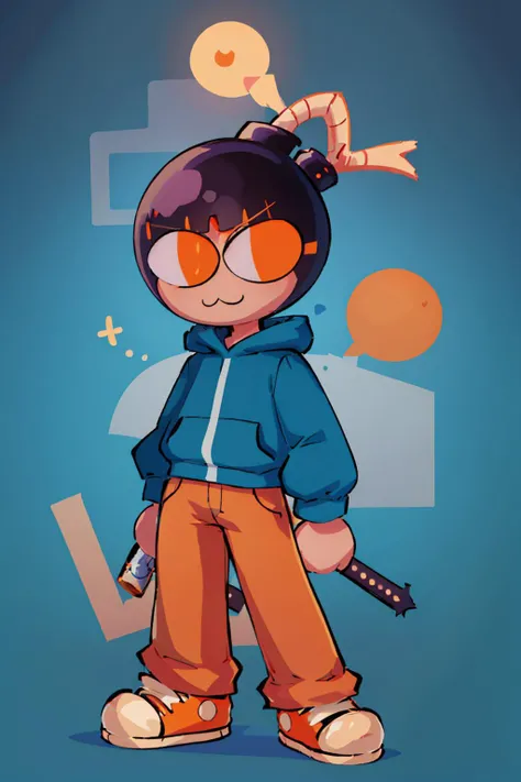 (masterpiece, best quality:1.2), chibi, solo, male focus, 1boy, necoarc, WhittyFNF, :3, bomb head, blue hoodie, orange pants, orange sneakers <lora:necoarc:1> <lora:WhittyFNF:0.9>