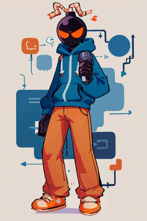 (masterpiece, best quality:1.2), solo, male focus, 1boy, WhittyFNF, bomb head, holding microphone, blue hoodie, orange pants, orange sneakers <lora:WhittyFNF:1>