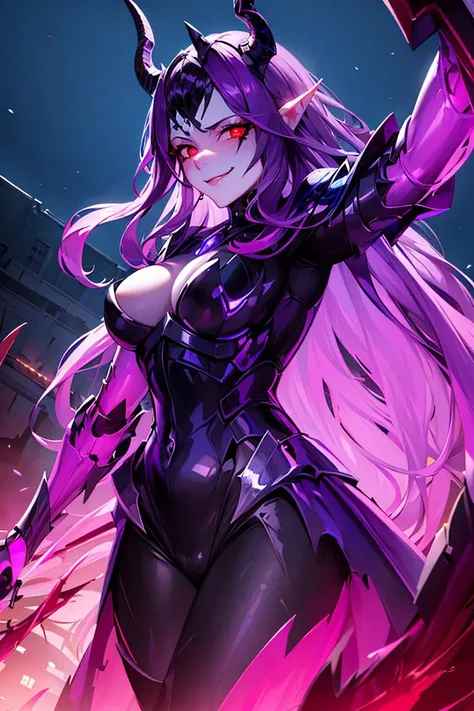 ((masterpiece,best quality)), absurdres, <lora:Lucretia_AFK:0.8>, Lucretia_AFK,
purple skin, solo, evil smile, looking at viewer, glowing red eyes,
cowboy shot, cinematic composition, dynamic pose