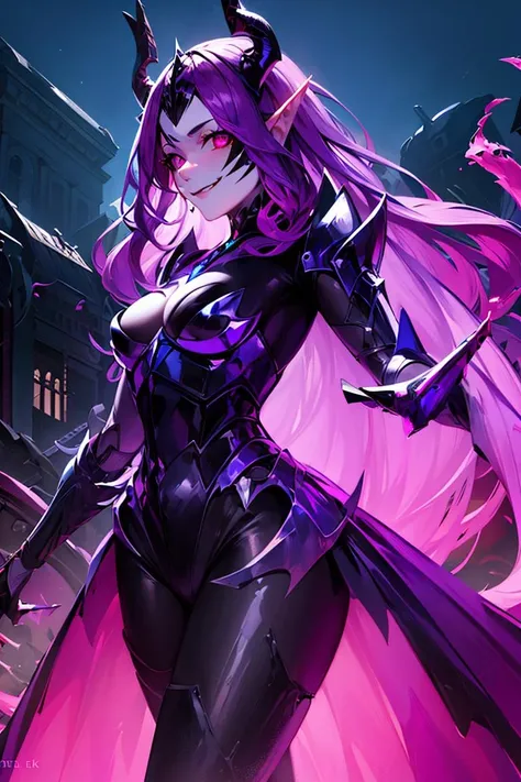 masterpiece, full body pose of a beautiful anime demon girl, glowing eyes, colorful bright neon colors, gold horns, glowing magic symbols, spectral magic, mystical forest, glowing butterflies, purple skin, blue skin, purple body, purple teal hot neon pink tones