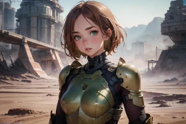 (Ultra Realistic:1.0),32k,(Masterpiece:1.0),(High Detailed Skin:1.0),( High Quality:1.0),
(Detailed Realistic Background:1.3),
(Official Art, Beautiful and Aesthetic:1.2),
(Realistic Lighting:1.0),
(cute, petite:1.0),
(Slender:1.0),1girl,Ginger hair, green eyes,
(sfw:1.0),
Proud, Frowned eyebrows , dirty yellow futuristic armor
loss, upper body, looking at the viewer
by Elliott Erwitt,
<lora:MJ52:0.8> <lora:DUNEv3:1>