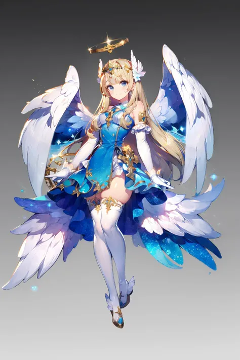magic,Two-dimensional culture,western clothing style,original character design,game characters,1girl,wings,solo,long hair,gradient,dress,grey background,blonde hair,blue eyes,gradient background,thighhighs,halo,feathered wings,white wings,full body,looking at viewer,gloves,blue dress,white thighhighs,bare shoulders,breasts,angel,bangs,angel wings,smile,elbow gloves,hair ornament,very long hair,white gloves,parted bangs,simple background,short dress,<lora:Two-dimensional:1>