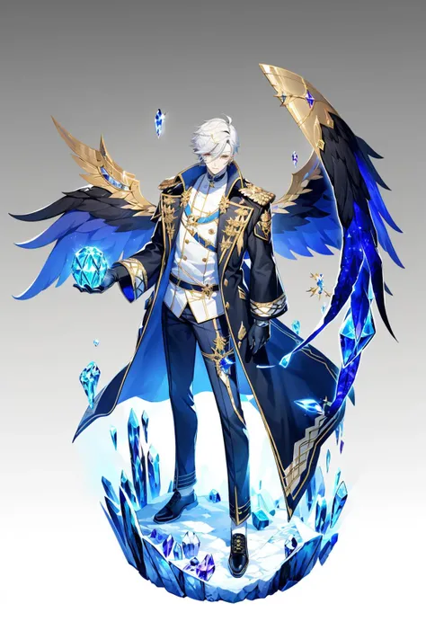 magic, Two-dimensional culture, western clothing style, original character design, game characters, 1boy, male focus, solo, wings, gradient, gradient background, pants, full body, looking at viewer, crystal, standing, gloves, grey background, gold trim, coat, black footwear, ice, blonde hair, white hair, black pants<lora:Two-dimensional:1>