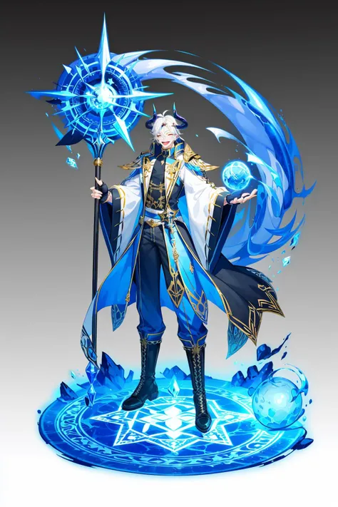 magic, Two-dimensional culture, western clothing style, original character design, game characters, 1boy, male focus, staff, holding staff, solo, horns, holding, white hair, gradient background, gradient, pants, gloves, magic circle, floating, full body, wide sleeves, black gloves, fingerless gloves, grey background, smile, closed eyes, standing, gold trim, orb, ice, boots, open mouth<lora:Two-dimensional:1>