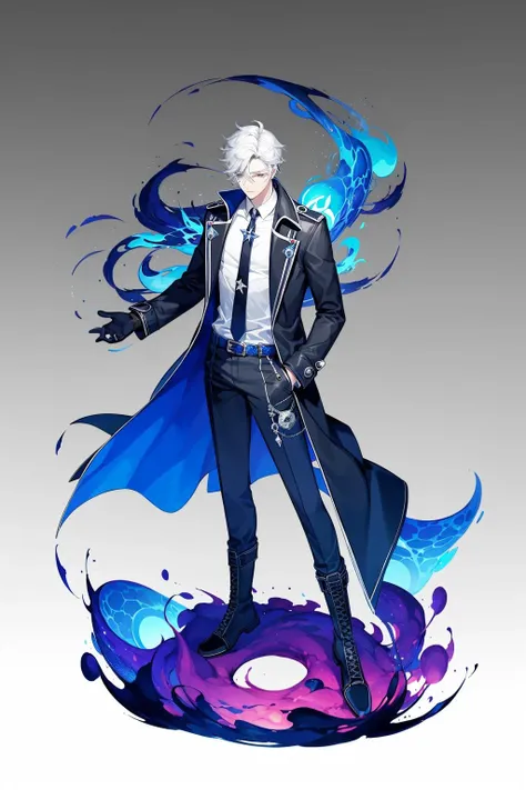 magic, 2D CULTURE, WESTERN CLOTHING STYLE, ORIGINAL CHARACTER DESIGN, GAME CHARACTER, 1boy, MALE FOCUS, SOLO, WHITE HAIR, GRADIENT, GRADIENT BACKGROUND, , BOOTS, FULL BODY, GLOVES, PANTS, BELT, BLACK FOOTWEAR, GRAY BACKGROUND, BLACK PANTS, LOOKING AT THE AUDIENCE, STANDING, FIRE, COAT, TIE, SHUT UP, SHIRT, LONG SLEEVES, BLUE FIRE, WRAPPED AROUND<lora:Two-dimensional:1>