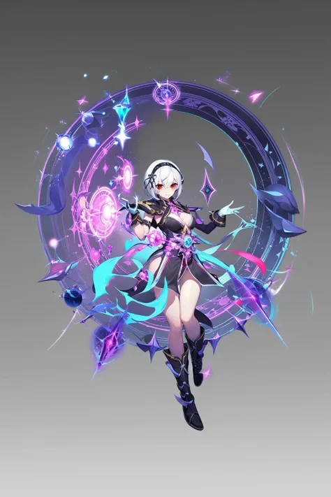 magic, Two-dimensional culture, western clothing style, original character design, game characters, 1girl, solo, full body, looking at viewer, floating, hairband, grey background, magic circle, short hair, red eyes, gloves, boots, white hair, floating object, breasts, bangs<lora:Two-dimensional:1>