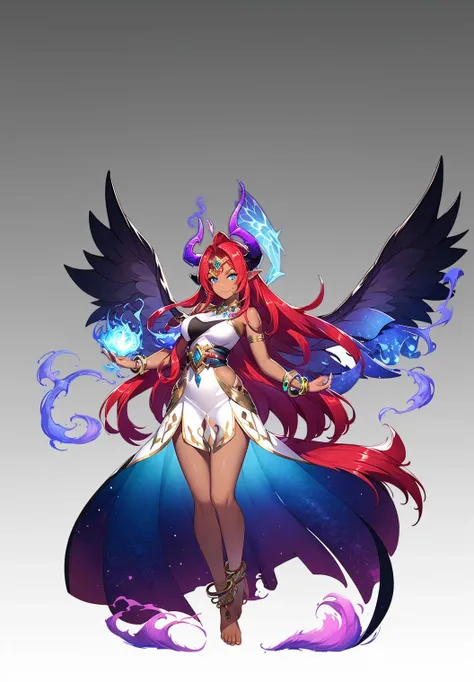 magic, Two-dimensional culture, western clothing style, original character design, game characters, 1girl, long hair, red hair, solo, fire, barefoot, blue eyes, wings, jewelry, anklet, dark skin, horns, gradient, breasts, gradient background, very long hair, bracelet, full body, grey background, dress, dark-skinned female, animal ears, bare shoulders, white dress, pointy ears, looking at viewer<lora:Two-dimensional:1>