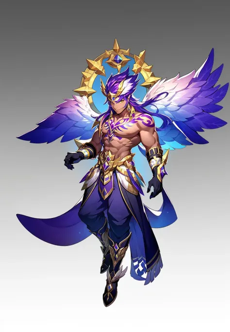 magic, Two-dimensional culture, western clothing style, original character design, game characters, 1boy, male focus, solo, wings, gradient, gradient background, tattoo, dark-skinned male, grey background, full body, long hair, pants, purple hair, looking at viewer, jewelry, boots, black wings, dark skin, card, pectorals, smile, gloves, feathered wings, muscular male<lora:Two-dimensional:1>