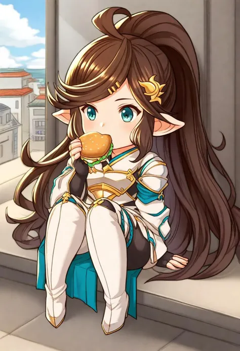 <lora:Hyper-SDXL-8steps-lora:1><lora:Fixhands_anime_bdsqlsz_V1:1>zPDXL2, score_9, score_8_up, score_7_up, source_anime, intricate details, perfect anatomy BREAK
1girl, solo, chibi, gbf-polaris, harvin, brown hair, ponytail, green eyes, hair ornaments, armor, thigh boots, gbf-polaris outfit,
sitting, eating hamburger,
outdoors, city, tokyo, japan,
<lora:gbf-polaris_XL(pony)v11:1>