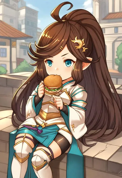 <lora:Hyper-SDXL-8steps-lora:1><lora:Fixhands_anime_bdsqlsz_V1:1>zPDXL2, score_9, score_8_up, score_7_up, source_anime, intricate details, perfect anatomy BREAK
1girl, solo, chibi, gbf-polaris, harvin, brown hair, ponytail, green eyes, hair ornaments, armor, thigh boots, gbf-polaris outfit,
sitting, eating hamburger,
outdoors, city, tokyo, japan,
<lora:gbf-polaris_XL(pony)v11:1>