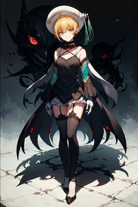 <lora:ShadeCorruption:0.9> ShadeMC, shademon, shadow, multiple eyes, evil smile, monster, symbiote, glowing eyes, long nails, black sclera, <lora:atolih:0.7> atolih, hat, choker, cape, halterneck, detached sleeves, white gloves, white bloomers, garter straps, thighhighs, ring, high heels,, ultra detailed, masterpiece, best quality, aesthetic, detailed,