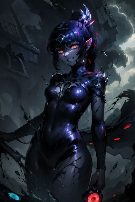 masterpiece,best quality,1girl,shadowheart,black hair,braided ponytail,circlet,elf,pointy ears,red eyes,glowing eyes,ShadeMC,shademon,shadow,multiple eyes,evil grin,monster,symbiote,torn bodysuit,black liquid,dripping,cloudy sky,cowboy shot,(dutch angle),<lora:ShadeCorruption:0.6>,<lora:ShadowHeart:0.8>,