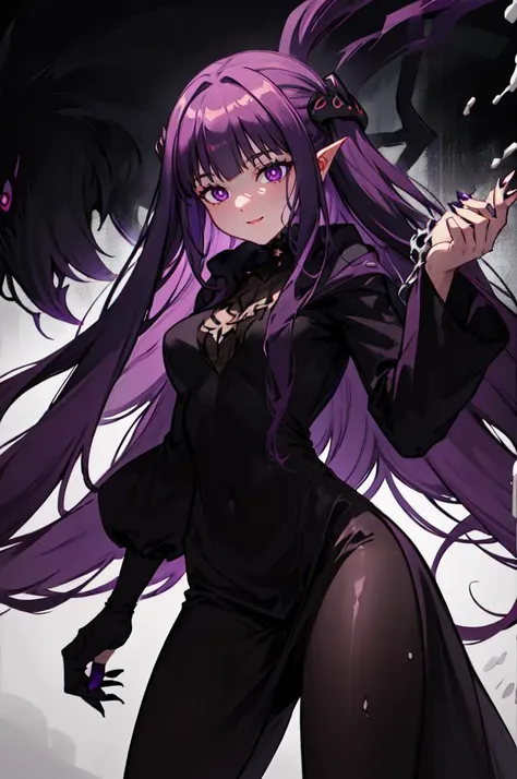 <lora:ShadeCorruption:0.9> ShadeMC, shademon, shadow, multiple eyes, evil smile, monster, symbiote, glowing eyes,  long nails, black sclera,   <lora:Fern:1> FernFrieren, very long hair, purple eyes, (purple pupils),, ultra detailed, masterpiece, best quality, aesthetic, detailed,