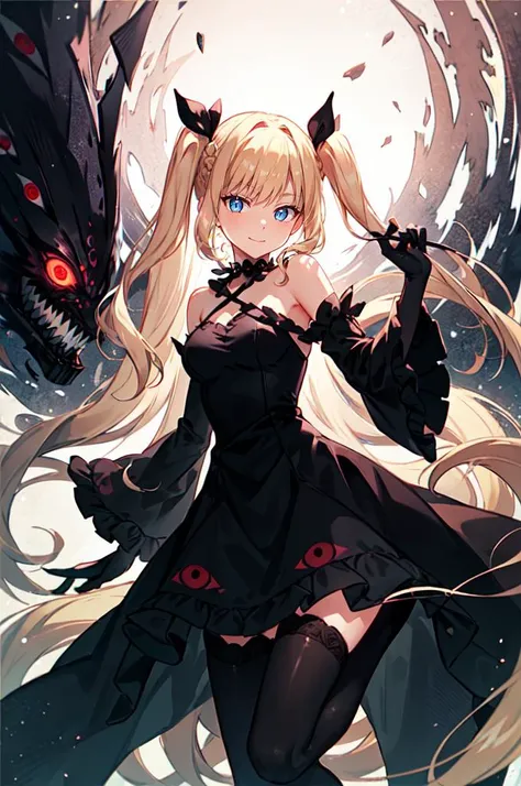 <lora:ShadeCorruption:0.95> ShadeMC, shademon, shadow, multiple eyes, evil smile, monster, symbiote, night sky, glowing eyes, eye monster, beholder,, ultra detailed, masterpiece, best quality, aesthetic, detailed,, solo, soft smile, light smile,
1girl, blue eyes, very long hair, blonde hair, long blonde hair, french braid, bangs, medium breasts,, hair ribbon, frilled choker, criss-cross halter, sleeveless dress, high-waist skirt, backless dress, waist bow, detached sleeves, frilled sleeves, wide sleeves, pantyhose, patterned legwear, mary janes,