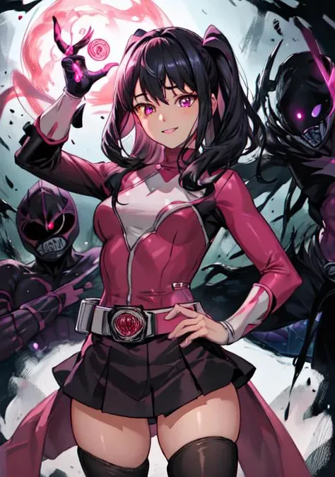 best quality, masterpiece, highres, detailed, perfect anatomy, <lora:Style - add_detail:0.2>, cowboy shot, ShadeMC, shadow, extra eyes, multiple eyes, possessed,symbiote, glowing, monster, shademon, monster eyes, <lyco:ShadeCorruption:0.9>, <lora:PinkRanger:0.5>, pink ranger, pinkranger, skirt, tights, evil smile,