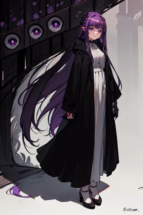 <lora:ShadeCorruption:0.9> ShadeMC, shademon, shadow, multiple eyes, evil smile, monster, symbiote, glowing eyes,  long nails, black sclera,   <lora:Fern:1> FernFrieren, very long hair, purple eyes, (purple pupils), white dress, black robe,, ultra detailed, masterpiece, best quality, aesthetic, detailed,