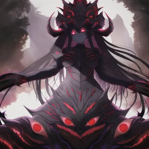 best quality, masterpiece, highres, detailed, perfect anatomy, cowboy shot, ShadeMC, shadow, extra eyes, multiple eyes, possessed, symbiote, glowing, monster, shademon, monster eyes, <lyco:ShadeCorruption:0.9>, 1girl, evil smile, armor