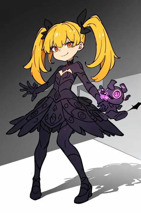 <lora:ShadeCorruption:0.9> ShadeMC, shademon, shadow, multiple eyes, evil smile, monster, symbiote, glowing eyes,   <lora:AngOne512v1:0.6> AngOne, blonde hair, pigtails, purple dress, orange sleeves,, ultra detailed, masterpiece, best quality, aesthetic, detailed,