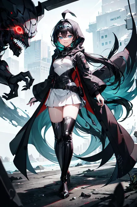 <lora:ShadeCorruption:0.7> ShadeMC, shademon, shadow, multiple eyes, evil smile, monster, symbiote, glowing eyes,, ultra detailed, masterpiece, best quality, aesthetic, detailed,, solo, smile, 1girl, aqua eyes, black hair, <lora:low_ponytail-1.0:1> low ponytail, ahoge, absurdly long hair, very long hair, hair flaps, hair between eyes, bangs, messy hair, small breasts, goggles on head, closed mouth,, hooded coat, open coat, turtleneck, pants, black knee boots, multiple straps, white coat, layered clothes, hair ribbon, pants under skirt,