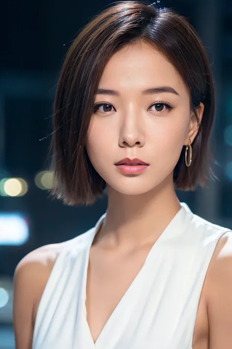 realistic photos of 1 cute Korean star, hair behind ears, white skin, thin makeup, 32 inch breasts size, wearing turtle neck top, under neon light, night, upper body portrait, Nikon, 85mm, f/16, UHD