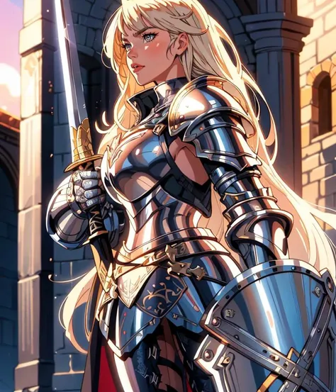 S013_MiaMalkova_v2, 1girl, medium hair, platinum blonde hair, straight hair, long bangs,  silver eyes, fantasy, medieval, heavy armor, knight, crest, holding sword, from side, holding shield, 
masterpiece, best quality, intricate detail, artgem, cartoon, toon \(style\), outline, digital art, <lora:add_sharpness:1>