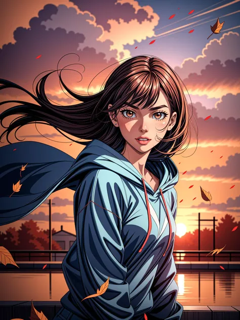 A young woman with a laid-back style, wearing jeans and a hoodie, her naturally curly black hair framing her face, paired with soulful brown eyes and expressive eyebrows, radiating a relaxed and easygoing expression, standing, long bangs, wind, floating hair, falling petals, autumn leaves, sunset, drain \(object\), upper body,
masterpiece, best quality, artgem, digital art, intricate detail, highres, <lora:PAseer-SD15-LCM Quick:1>
<lora:add_sharpness:1> <lora:add_detail:1>