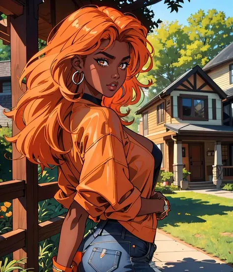 bs_purpalpaca, 1girl, medium hair, orange hair, wavy, bangs,  brown eyes, 1980s \(style\), casual, dark skin, hill, inn, tree, wooden fence, 
masterpiece, best quality, intricate detail, artgem, cartoon, toon \(style\), outline, digital art, <lora:add_sharpness:1>