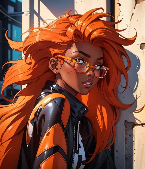 bs_purpalpaca, 1girl, medium hair, orange hair, wavy, bangs, brown eyes, 1980s \(style\), casual, dark skin, from side, against wall, glasses, freckles,
masterpiece, best quality, intricate detail, artgem, cartoon, toon \(style\), outline, digital art, <lora:add_sharpness:1>