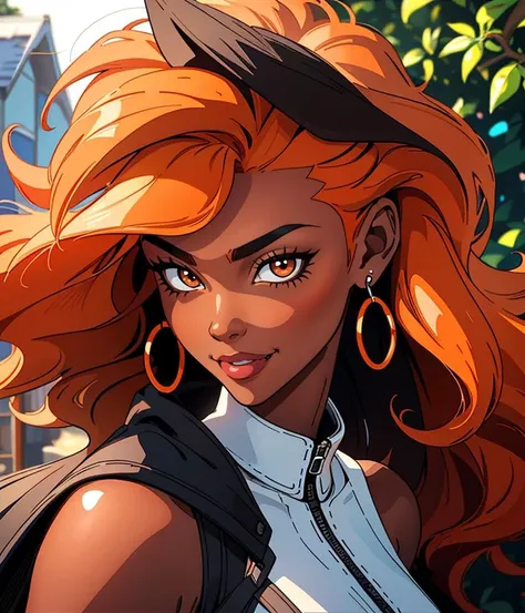 bs_purpalpaca, 1girl, medium hair, orange hair, wavy, bangs, brown eyes, 1980s \(style\), casual, dark skin, hill, inn, tree, wooden fence, seductive smile,
masterpiece, best quality, intricate detail, artgem, cartoon, toon \(style\), outline, digital art, <lora:add_sharpness:1>