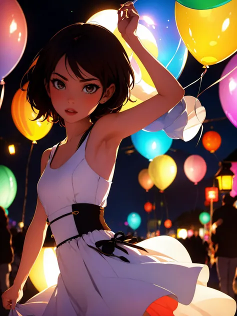 1girl, balloon, bokeh, brown hair, depth of field, dress, lens flare, lights, lips, night, paper lantern, short hair, sleeveless, sleeveless dress, solo
masterpiece, best quality, intricate details, <lora:contrast_slider_v10:3> <lora:backlight_slider_v10:-1.5> ,