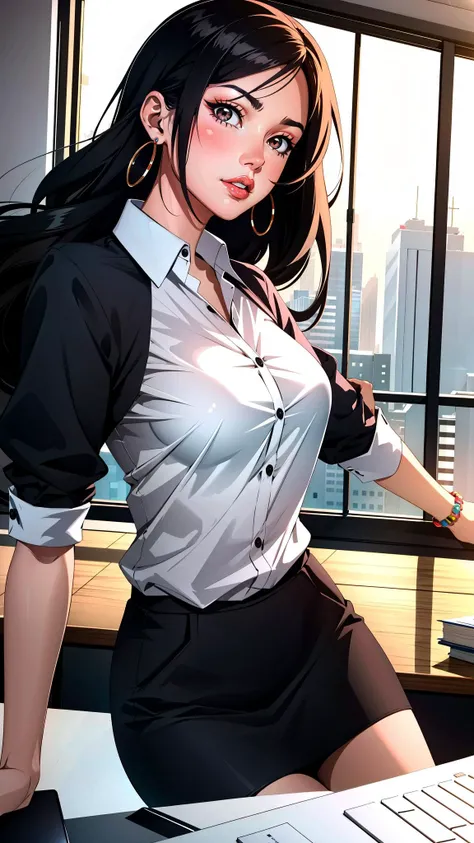 1girl, black hair, black skirt, breasts, brown eyes, cowboy shot, earrings, jewelry, lips, long hair, looking at viewer, medium breasts, shirt, skirt, solo,
masterpiece, best quality, digital art,outline, sketch, intricate detail  
a desk with a computer and printer on it in a room with a glass door and a window with a view of the outside, art station, computer graphics, cubo-futurism