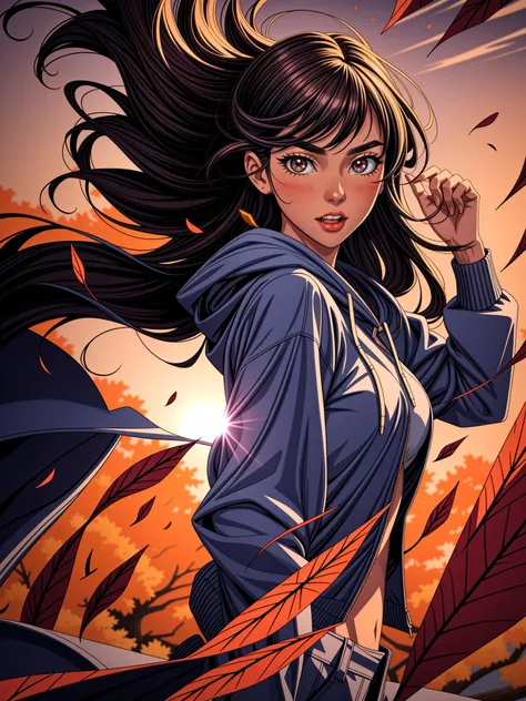 A young woman with a laid-back style, wearing jeans and a hoodie, her naturally curly black hair framing her face, paired with soulful brown eyes and expressive eyebrows, radiating a relaxed and easygoing expression, standing, long bangs, wind, floating hair, falling petals, autumn leaves, sunset, drain \(object\), upper body, 
masterpiece, best quality, artgem, digital art, intricate detail, highres,  <lora:PAseer-SD15-LCM Quick:1>
 <lora:add_sharpness:1> <lora:add_detail:1>