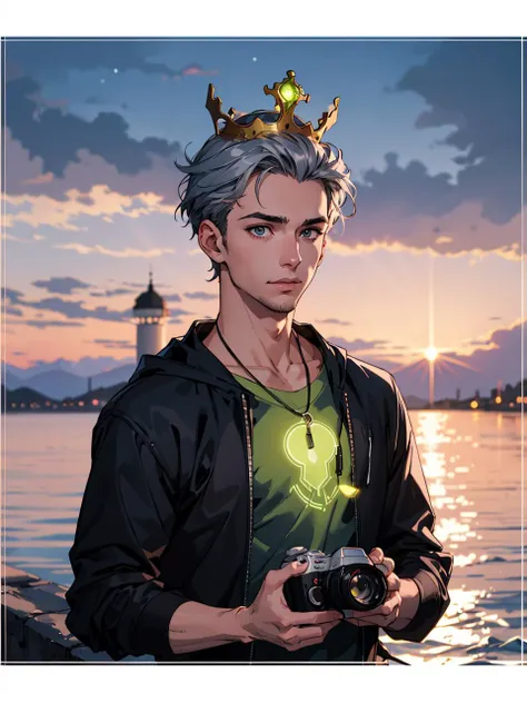 digital art, lanky (Guy:1.3) , he is looking away from camera at a Ocean, ð·, wearing Tungsten and Peridot clothes, his hair is Silver and styled as Box cut, Crown, trending on CGSociety, dslr, Tranquil, Infrared, pixiv, most beautiful artwork in the world, designed by Brandon Woelfel and Josan Gonzalez, male, science fiction