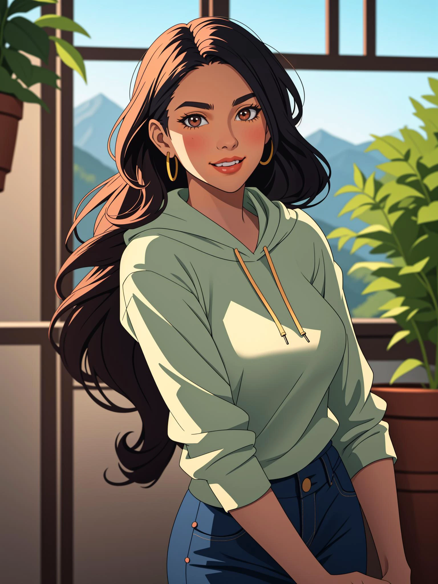 A young woman with a laid-back style, wearing jeans and a hoodie, her naturally curly black hair framing her face, paired with soulful brown eyes and expressive eyebrows, radiating a relaxed and easygoing expression, standing, blue sky, day, mountain, railing, indoors, round window, potted plant,
masterpiece, best quality, artgem, digital art, intricate detail, highres, <lora:PAseer-SD15-LCM Quick:1> <lora:add_sharpness:1>