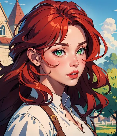 1girl, long hair, red hair, curly hair, green eyes, (nose:1.4), (thick lips:1.4), fantasy, medieval, outdoors, scenery, 
masterpiece, best quality, intricate detail, artgem, cartoon, toon \(style\), outline, digital art,