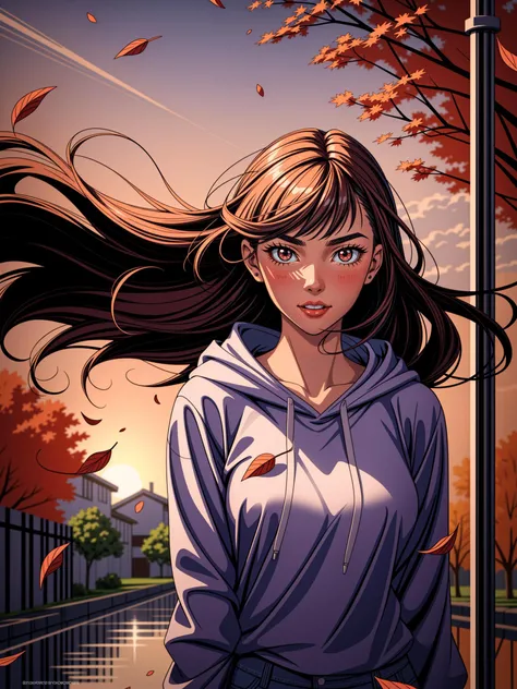 A young woman with a laid-back style, wearing jeans and a hoodie, her naturally curly black hair framing her face, paired with soulful brown eyes and expressive eyebrows, radiating a relaxed and easygoing expression, standing, long bangs, wind, floating hair, falling petals, autumn leaves, sunset, drain \(object\), upper body,
masterpiece, best quality, artgem, digital art, intricate detail, highres, <lora:PAseer-SD15-LCM Quick:1>
<lora:add_sharpness:1> <lora:add_detail:1>