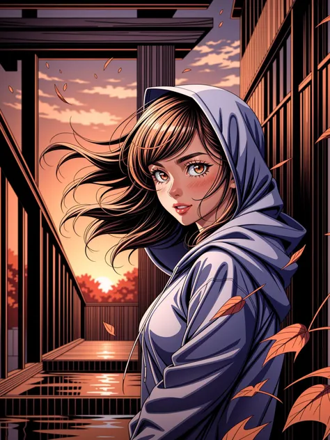 A young woman with a laid-back style, wearing jeans and a hoodie, her naturally curly black hair framing her face, paired with soulful brown eyes and expressive eyebrows, radiating a relaxed and easygoing expression, standing, long bangs, wind, floating hair, falling petals, autumn leaves, sunset, drain \(object\), upper body, 
masterpiece, best quality, artgem, digital art, intricate detail, highres,  <lora:PAseer-SD15-LCM Quick:1>
 <lora:add_sharpness:1> <lora:add_detail:1>