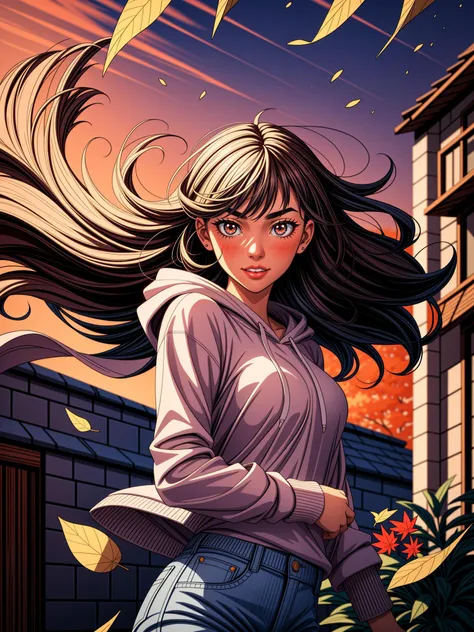 A young woman with a laid-back style, wearing jeans and a hoodie, her naturally curly black hair framing her face, paired with soulful brown eyes and expressive eyebrows, radiating a relaxed and easygoing expression, standing, long bangs, wind, floating hair, falling petals, autumn leaves, sunset, drain \(object\), upper body, 
masterpiece, best quality, artgem, digital art, intricate detail, highres,  <lora:PAseer-SD15-LCM Quick:1>
 <lora:add_sharpness:1> <lora:add_detail:1>