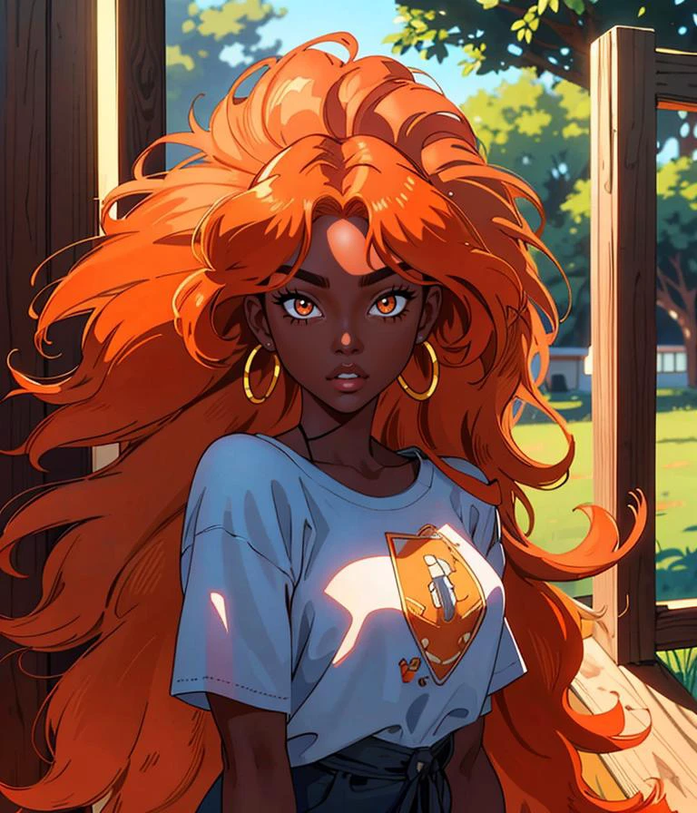 bs_purpalpaca, 1girl, medium hair, orange hair, wavy, bangs, brown eyes, 1980s \(style\), casual, dark skin, hill, inn, tree, wooden fence,
masterpiece, best quality, intricate detail, artgem, cartoon, toon \(style\), outline, digital art, <lora:add_sharpness:1>