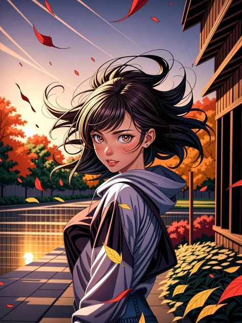 A young woman with a laid-back style, wearing jeans and a hoodie, her naturally curly black hair framing her face, paired with soulful brown eyes and expressive eyebrows, radiating a relaxed and easygoing expression, standing, long bangs, wind, floating hair, falling petals, autumn leaves, sunset, drain \(object\), upper body,
masterpiece, best quality, artgem, digital art, intricate detail, highres, <lora:PAseer-SD15-LCM Quick:1>
<lora:add_sharpness:1> <lora:add_detail:1>