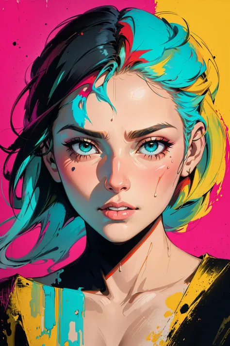 A painting on the canvas of a woman in colorful tones, in the style of martin ansin, cracked, serene faces, dimitry roulland, paint dripping technique, gorgeous colors, geometric