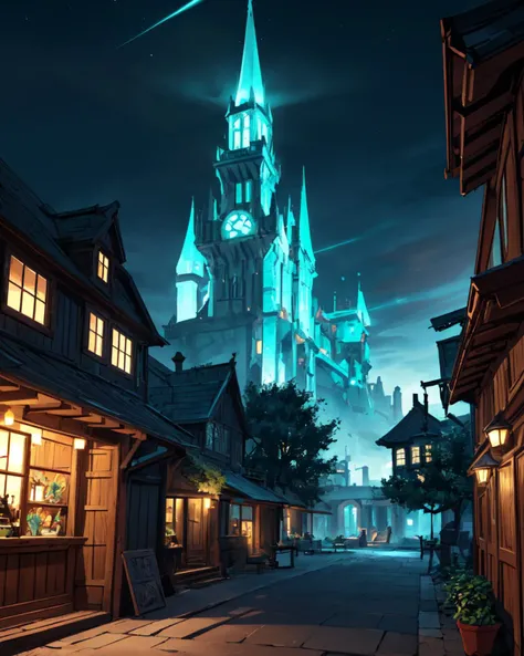 an outside Wide Shot of an fantasy celestial hearthstone tavern, gypsum board, bio-luminescent algae, motion sensor lights, outdoor plant around it, full of life