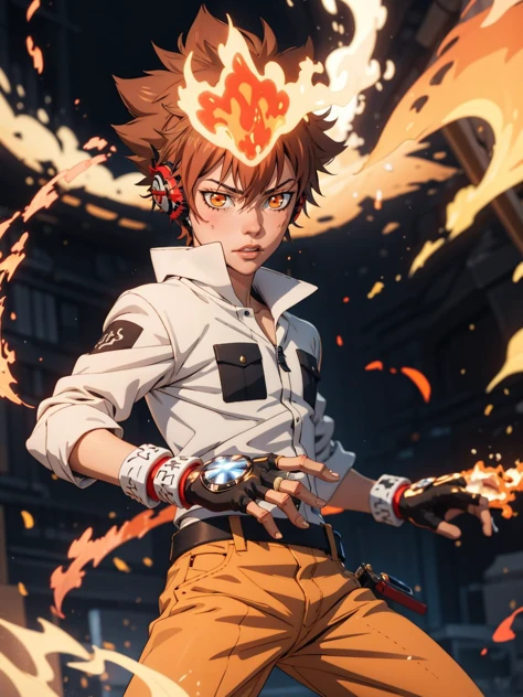 masterpiece, best quality, <lora:Tsuna_Reborn2:0.7> tsuna sawada, gloves, flame headwear, headphones, fingerless gloves, brown eyes, katekyo hitman reborn!, (GS-DeFeminize-neg:0.6), cowboy shot,