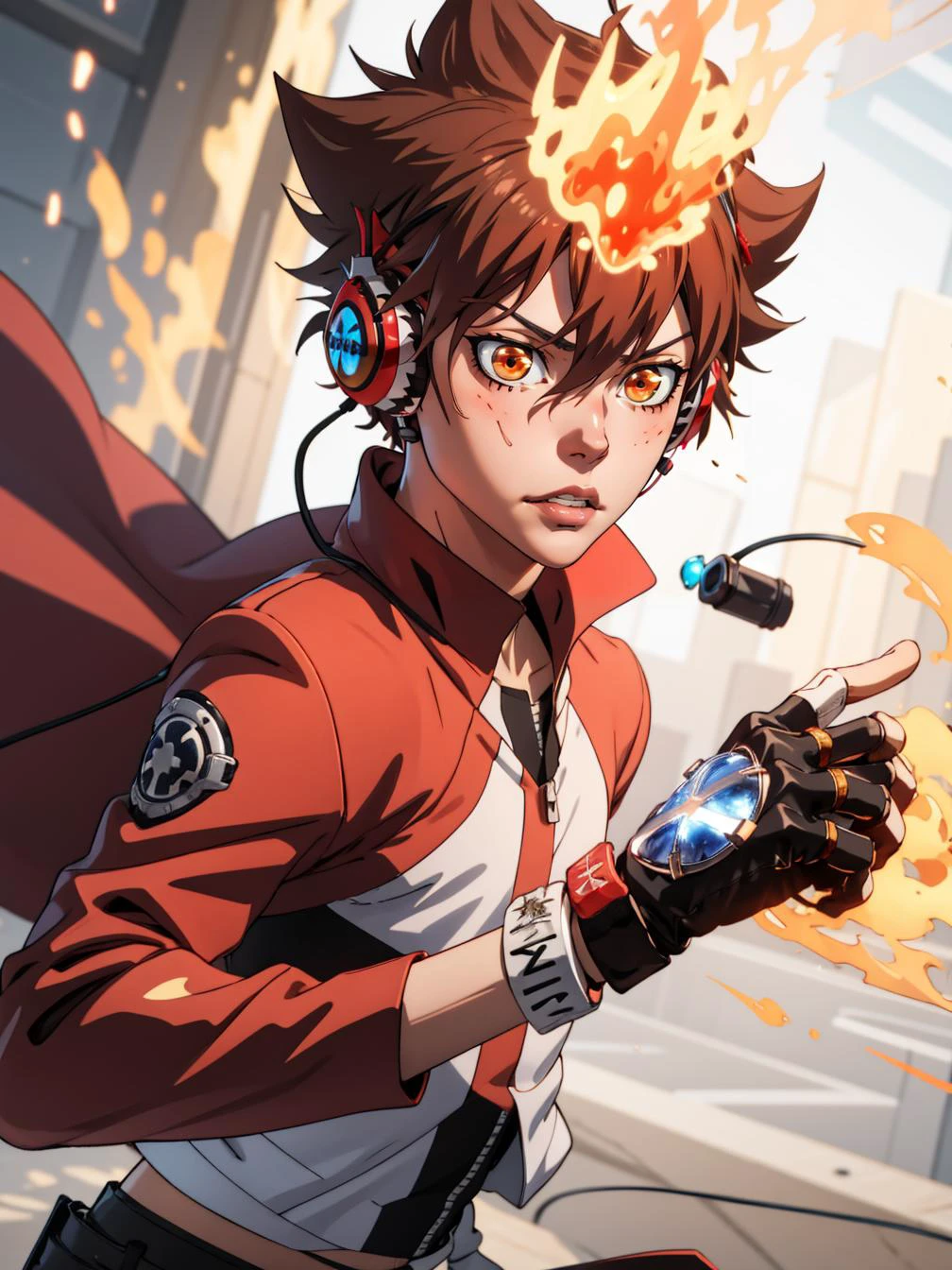 masterpiece, best quality, <lora:Tsuna_Reborn2:0.7> tsuna sawada, gloves, flame headwear, headphones, fingerless gloves, brown eyes, katekyo hitman reborn!, (GS-DeFeminize-neg:0.6), cowboy shot,