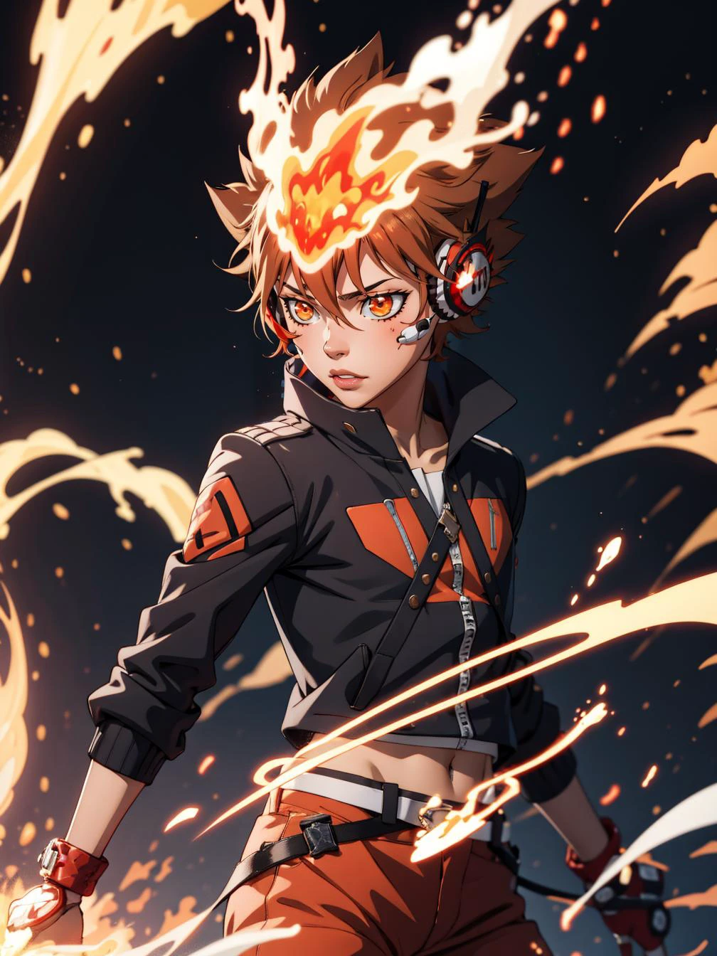 masterpiece, best quality, <lora:Tsuna_Reborn2:0.7> tsuna sawada, flame headwear, headphones, brown eyes, katekyo hitman reborn!, (GS-DeFeminize-neg:0.6), cowboy shot, flame,